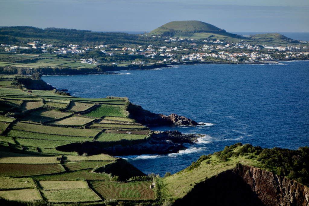 View of Porto Martins from the top of the trail near Tres Marias, Terceira, Azores, Portugal.