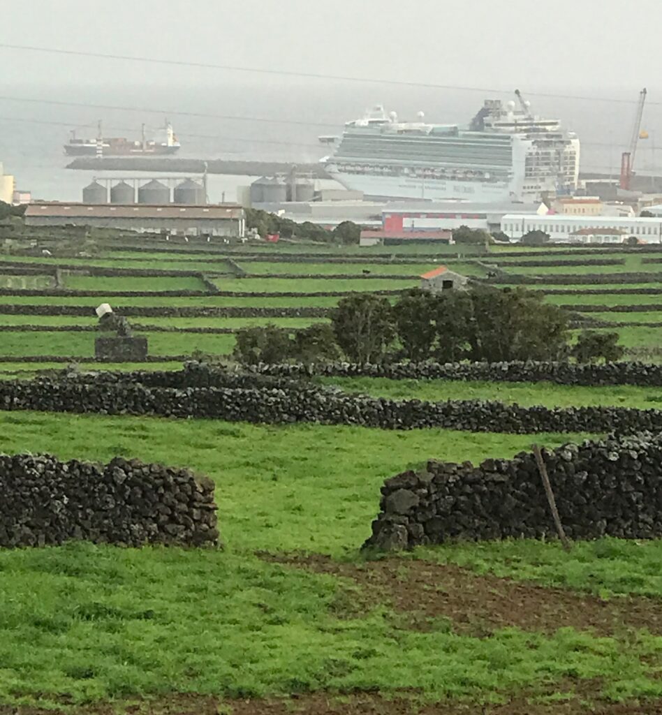 Cruise ship Ventura docks at Praia da Vitoria on February 3, 2022. Image is view over fields and port visible from our breakfast nook; this sight heralded a new season of cruise ships, tourists, fascinating discussions at local bars and restaurants, and of course, numerous busses navigating narrow streets in town.