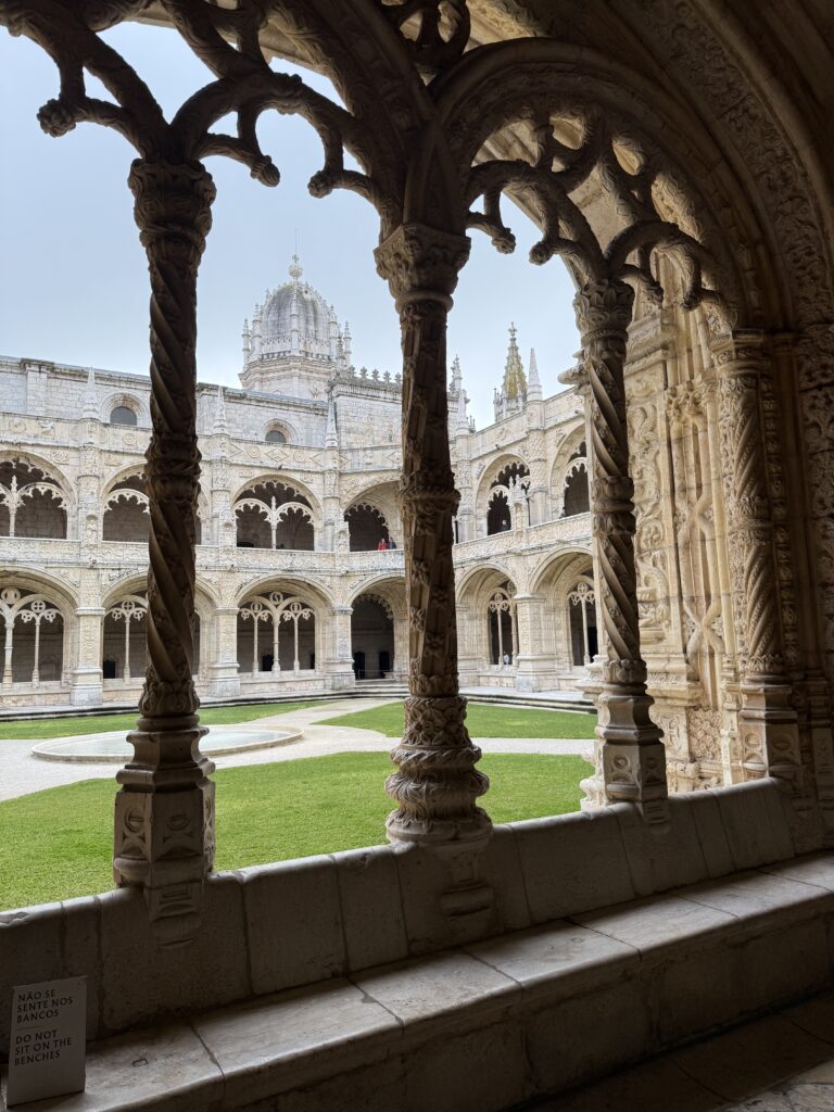 Courtyard of famous monastery in Lisbon Built in 1492 with classic ornate decor, a dome, and is the most visited monastery in Portugal